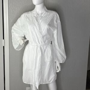 Shabby Chic Robe 100% Cotton Pintuck Pleats Eyelet Lace Cottagecore White Size L